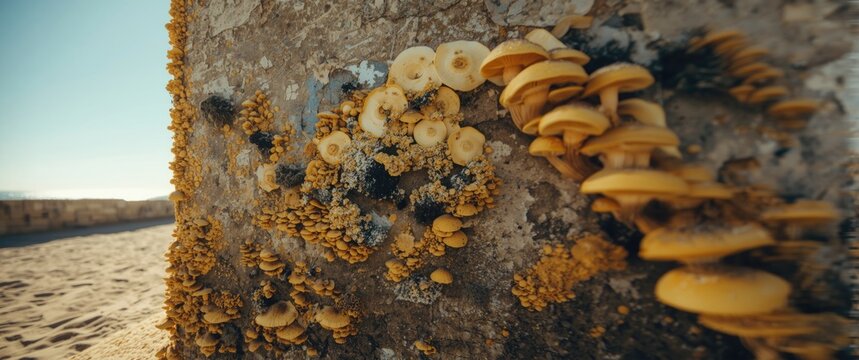 Wall of a Mediterranean beach building with yellow fungus, moss, lichen, and cyanobacteria, creating a textured surface in multiple shades of yellow with rounded forms. Wallpaper