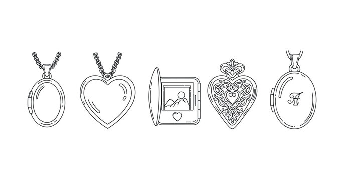 Line art collection of heart and oval lockets with intricate designs and monogram