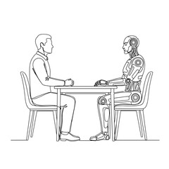Fototapeta premium Human and robot negotiating at a table in line art illustration for technology, business, and innovation concepts