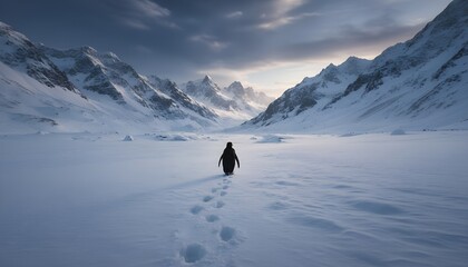 A lone penguin walking forward in the exact center of a vast frozen mountain valley professional cinematic photography style, ultra-realistic, 4K, high detail