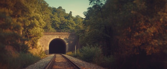 Fototapeta premium Retro style railway tunnel in Indian forest with vintage filter effect