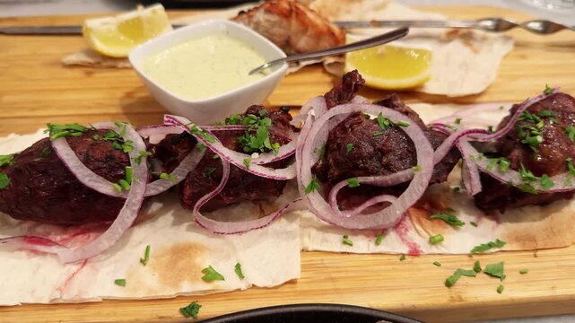 Beef shashlik, cooked over coals on pita bread, served with sauce, onion and greens.