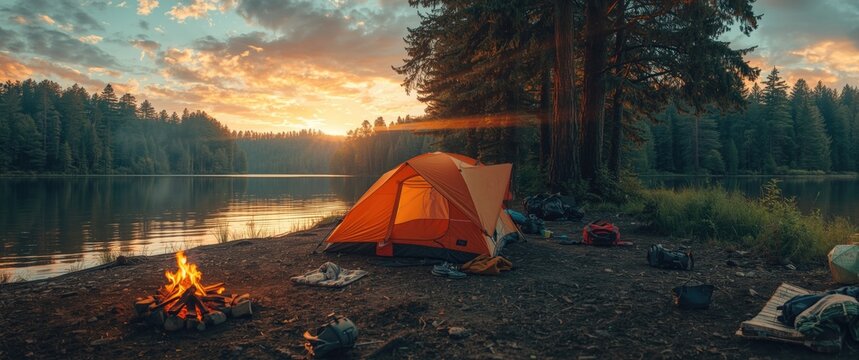 Camp by the river's edge featuring a fire and tent