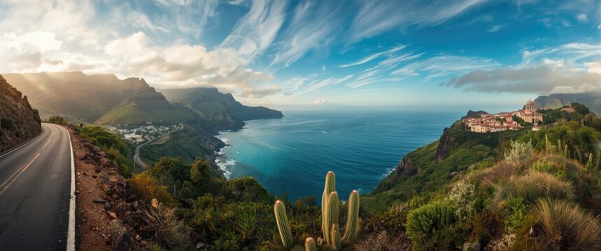 Beautiful scene of Taganana village and surrounding mountains on Tenerife's north side, Canary Islands, featuring a road with cacti. Artistic photography.