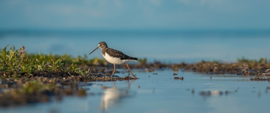 Shoreline scene with a Black Tailed Godwit