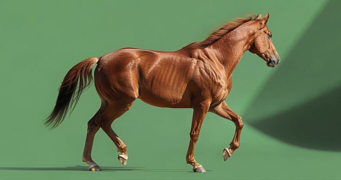 Chestnut horse trotting against green background isolated