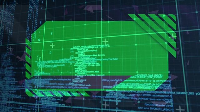 Animation of data processing over black background with green shape