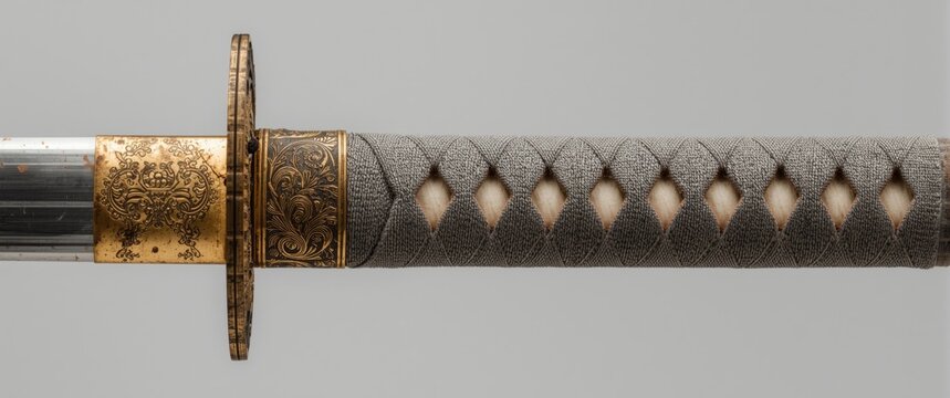 Katana with a vintage handle, gold engraved hilt, and gray binding