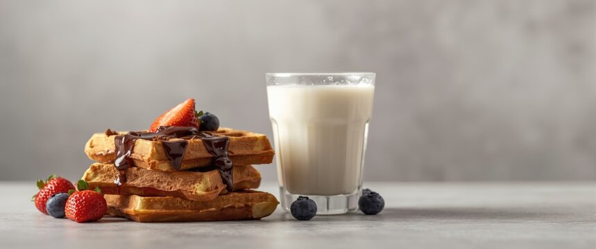 Assorted chocolate waffles and a milk glass on a gray backdrop