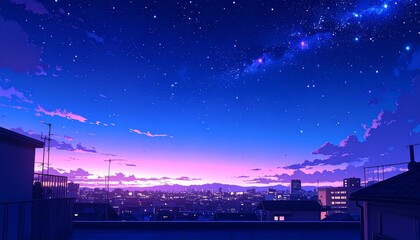 A blue vector illustration of a dark night city skyline under a full moon and starry sky with clouds, trees, and water