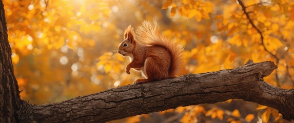Fototapeta premium Square portrait featuring a beautiful red squirrel with fluffy fur in an autumn park on an oak tree with golden foliage
