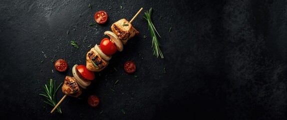 Barbecue Chicken shish kebab featuring onions and tomatoes, Rustic style, Top view, Black background