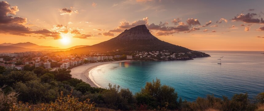 Olimpos mountain and Cirali beach at sunset in Kemer, Antalya, Mediterranean Turkey, Lycia