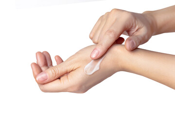 Woman hands with a swatch sampled with a smear of cream. Self-care concept, skin care, hand care, facial care. Isolated photo