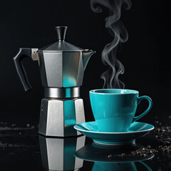 Steaming Cup of Coffee with Moka Pot on Dark Background