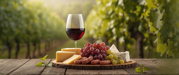 Obraz premium Wine glass alongside grapes, cheese, and sausages on a table