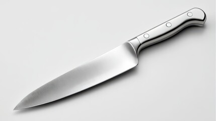 Obraz premium Sleek stainless steel chef's knife with ergonomic handle and sharp blade on white background