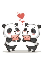 Two pandas with red envelopes in their paws and hearts