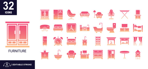  Furniture Glyph Gradient Icon Set