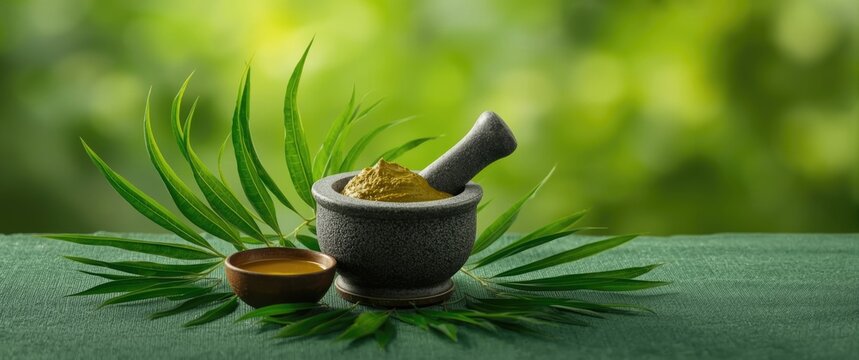 Green background featuring medicinal Neem leaves, mortar and pestle, neem paste, juice, and twigs
