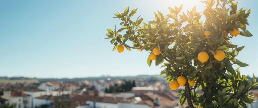 Obidos city in Portugal with a lemon tree and blue sky