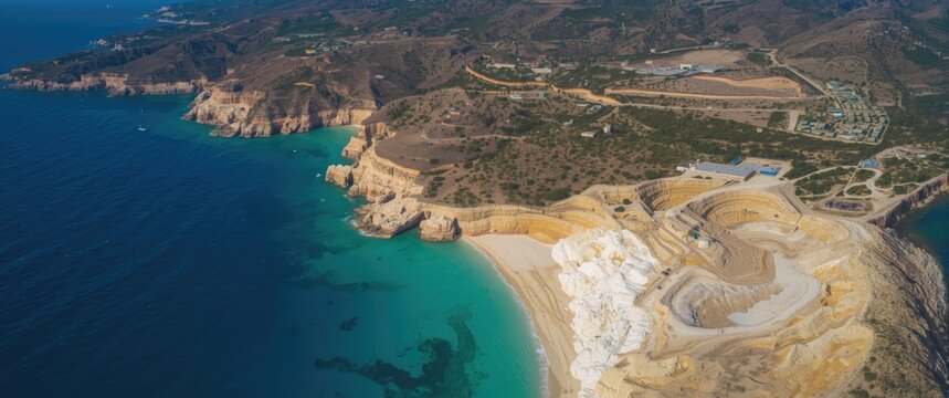 Image captured by drone showing a kaolin mine near Tsigrado and Firiplaka beaches in Milos island, Greece