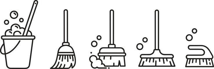 Cleaning tools line icons vector set mop broom bucket household hygiene maintenance illustration collection © V Stock