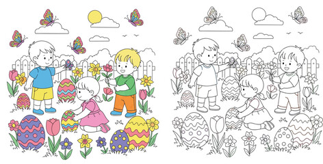 Happy children hunting Easter eggs in a spring garden vector illustration with black and white coloring page outline for kids activity book