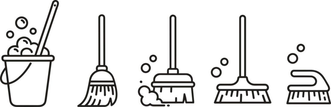 Cleaning tools line icons vector set mop broom bucket household hygiene maintenance illustration collection