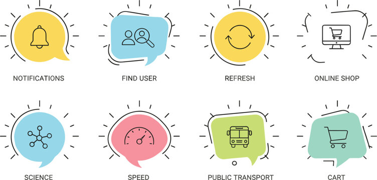 Colorful app interface icons vector set notification user refresh online shop science speed transport cart illustration