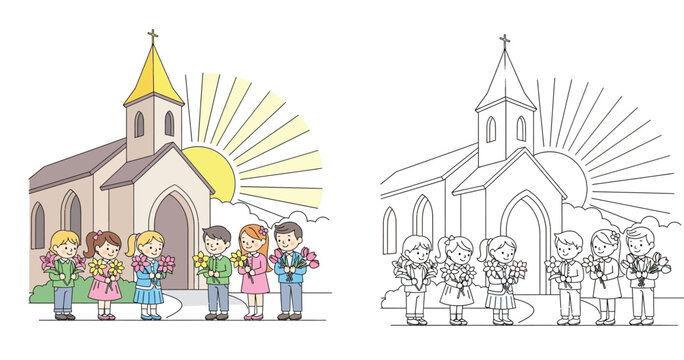 Vector illustration of happy children holding flowers in front of a church with bright sun. Coloring book page outline and colored version set. Christian Easter or Sunday school concept.