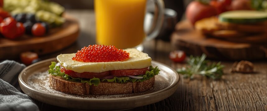 Butter and red caviar sandwich