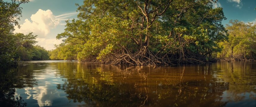 Vegetation including Mangrove trees along Caroni Swamp at the Caroni Bird Sanctuary in Trinidad, West Indies