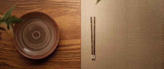 Fototapeta premium Wooden table with a brown hue featuring ceramic plate and chopsticks