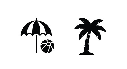 Tropical beach icons including palm tree umbrella and ball silhouette © MD