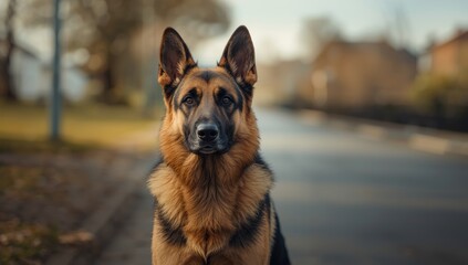 German shepherd on a city street with a bokeh background highlighting urban navigation and alertness