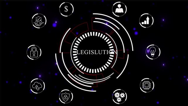 A Legislation button on a clear projection .Blue wave digital data flow. Seamless loop technology network background concept . Futuristic digital technology animated background ...