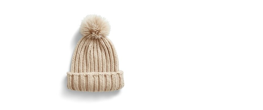 White background featuring a knitted hat in light beige with pompons