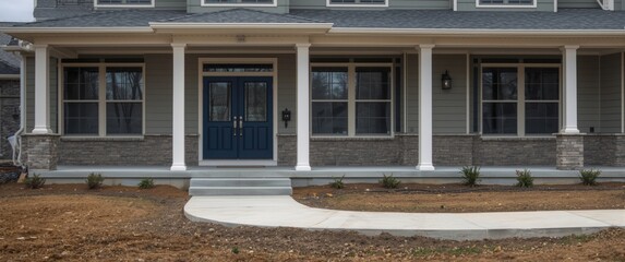 Obraz premium Residential construction finished, featuring dark blue trimmed double front doors, inset windows, a spacious porch with pillars, and an unlandscaped front yard with raw earth