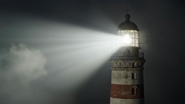 Repeating rhythmic rotation of the bright lighthouse lamp casting sharp, long stripes of white light through thick coastal mist during a seamless loop rhythmic, motion graphics, coastal