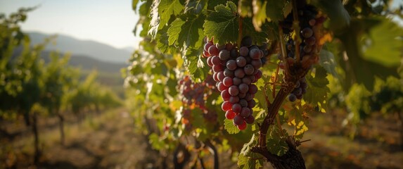 Obraz premium Morning light shines on bunch of red wine grapes on vine in local vineyard