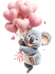 Cute koala flying on heart shaped balloons
