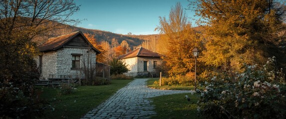 Naklejka premium Beautiful fall view of old traditional houses in the Open Air Ethnographic Museum Etar