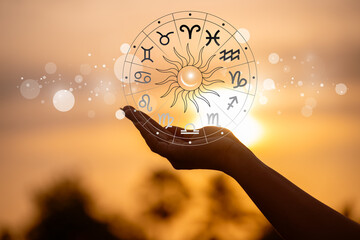 Zodiac signs, astrology and horoscopes concepts. Zodiac signs inside of horoscope circle. Astrology in the sky with many stars and moons astrology and horoscopes concept