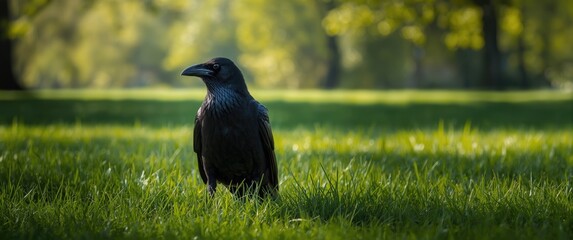 Obraz premium Grass-covered ground with a wild raven during daylight