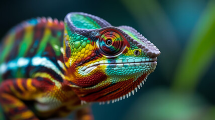 Obraz premium Chameleon close up showing colorful scales and detailed rainbow skin