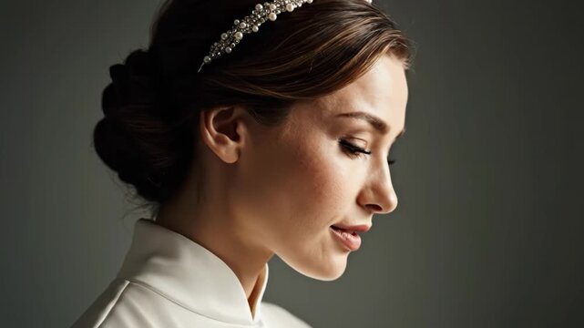 Elegant profile portrait of a beautiful bride with a pearl headband and sophisticated updo hairstyle against a dark background