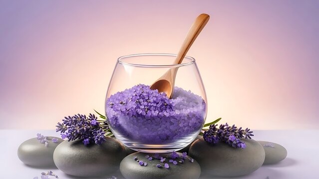 Relaxing lavender bath salts and smooth stones for a tranquil spa experience, promoting wellness and serenity