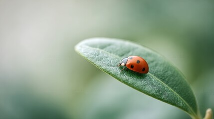 Fototapeta premium Ladybug is walking on a vibrant green leaf, enjoying the fresh air and warm sunshine of spring season, creating a peaceful and natural scene