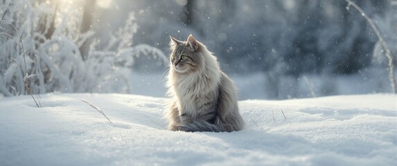 Fototapeta premium Charming long-haired house cat in winter season
